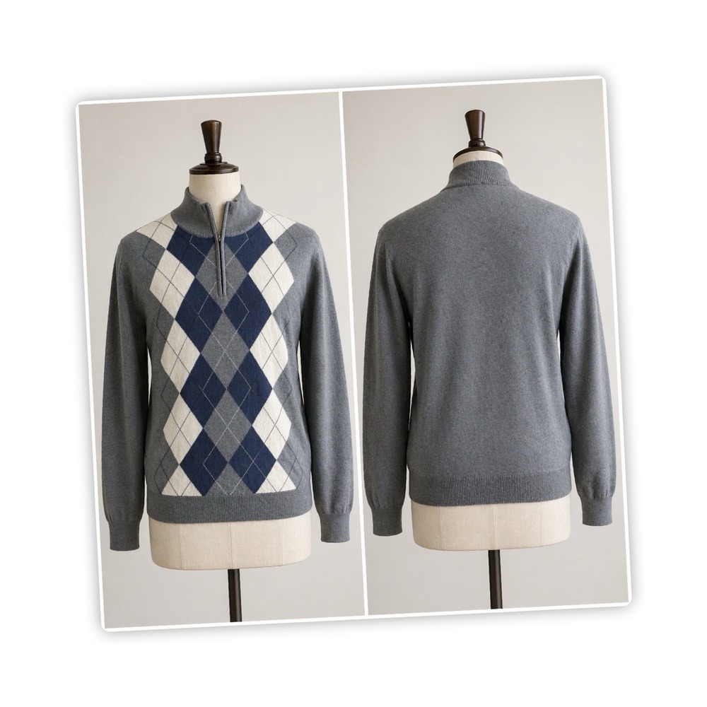 Oak Hill Men's 3XL Argyle Quarter Zip Sweater Gray Navy 100% Cotton Big & Tall
